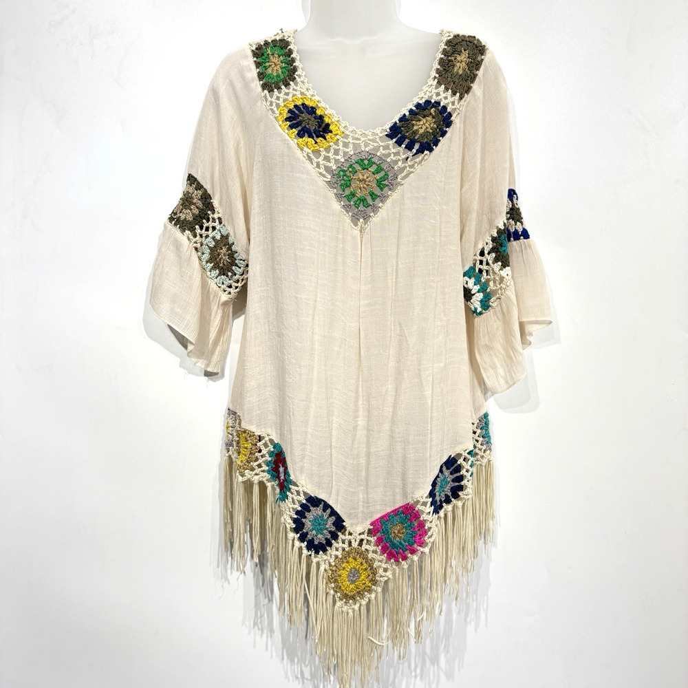 Granny Square Crochet Fringe Cover Up Mini Dress Sz S/M Cream Boho Festival